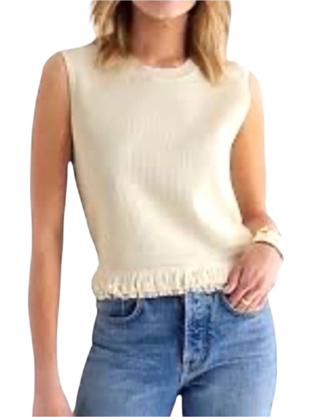 Express Fringe Hem Cropped Tank Top Rib Knit Cream Size S - Picture 8 of 8